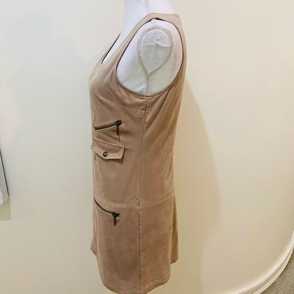 Guess micro suede biege tan sleeveless mini dress lined zippered pockets sz 4 - Picture 11 of 13